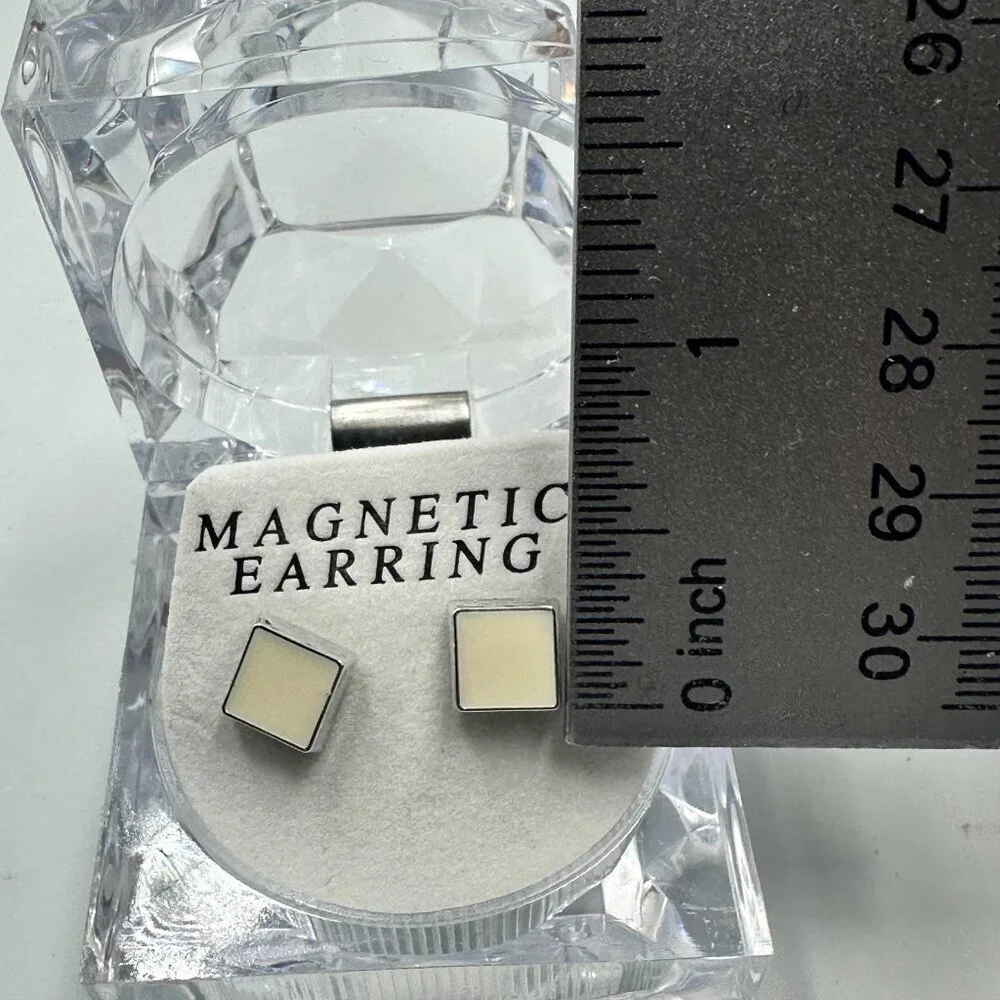 3/$30 Magnetic Square Stud Earrings Silver Cream Enamel Non Pierced Minimalist